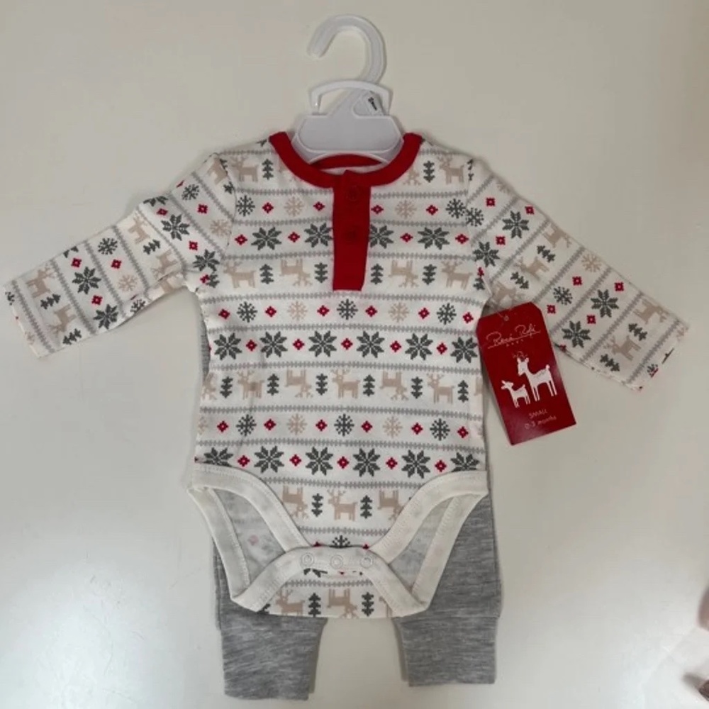 Rene Rofe Baby 0-3 Mos 2 piece Onesie Pant Set Fair Isle pattern